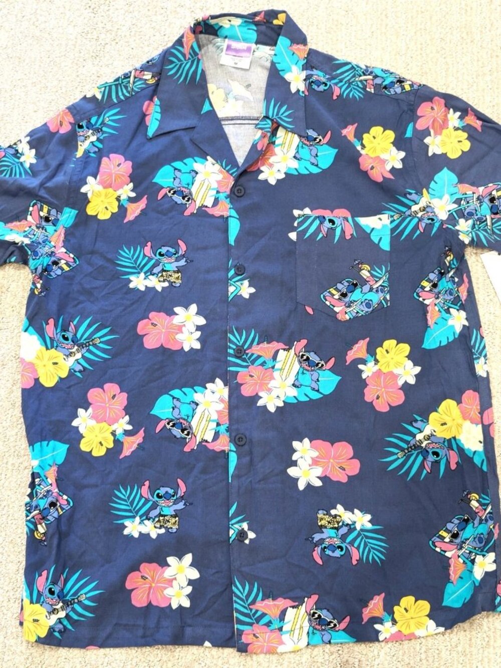 Disney Lilo and Stitch Mens Hawaiian Shirt Blue Tropical Floral Rayon Medium NWT
